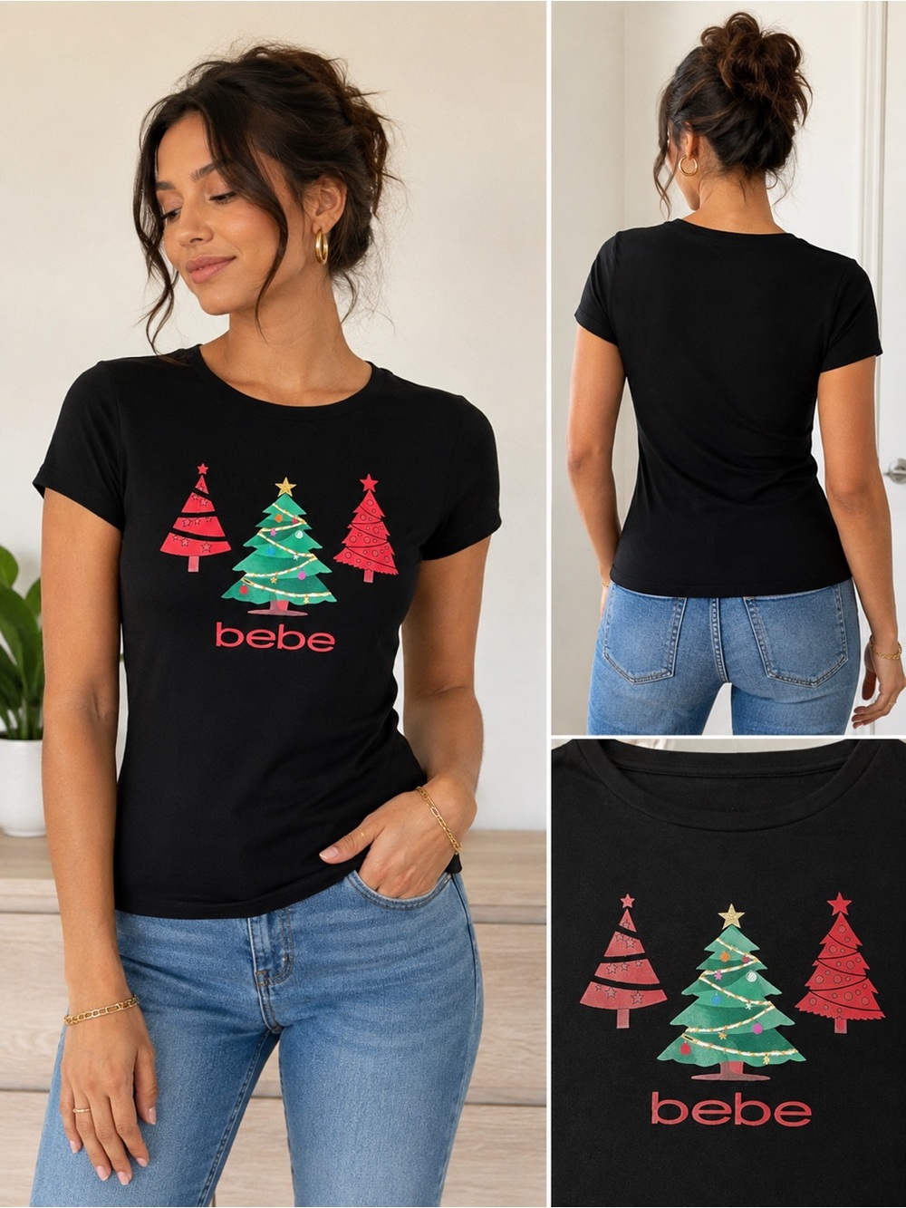 bebe Black Christmas Tree Graphic Tee Large Holiday Y2K